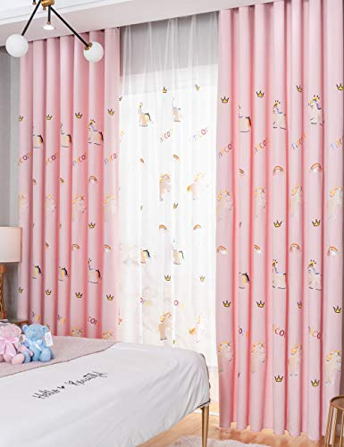 Lactraum Vorhänge Kinderzimmer Mädchen Prinzessin Bestickt Einhorn Regenbogen Wolke Krone Rosa Blickdicht mit Universalband 100 x 245 cm