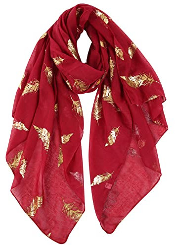 DAMILY Femmes Argent Plume Paillette Imprimé Écharpe Foil Print Foulard Wraps Daily Châle Rose Gris (Rouge)