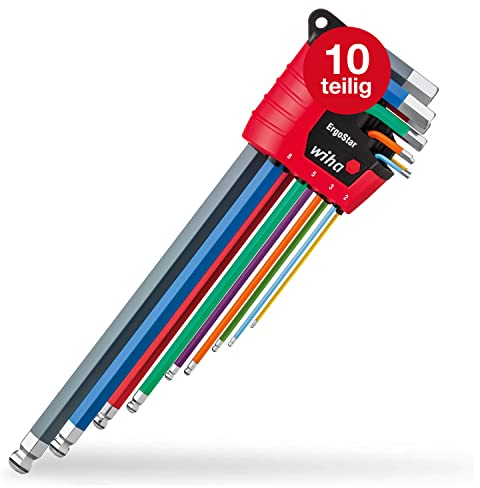 Wiha Stiftschlüssel Set 9-tlg. im ErgoStar Halter I Sechskant-Kugelkopf MagicRing® I 1,5 mm - 10 mm I farbig leuchtend I Winkelschlüsselsatz (43850)