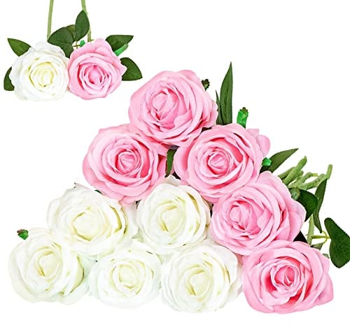 Floralsecret 12 Stück künstliche Seide Rosen Blumenstrauß Faux Flowers Home Hochzeitsfeier Dekor(Weiß, Rosa)