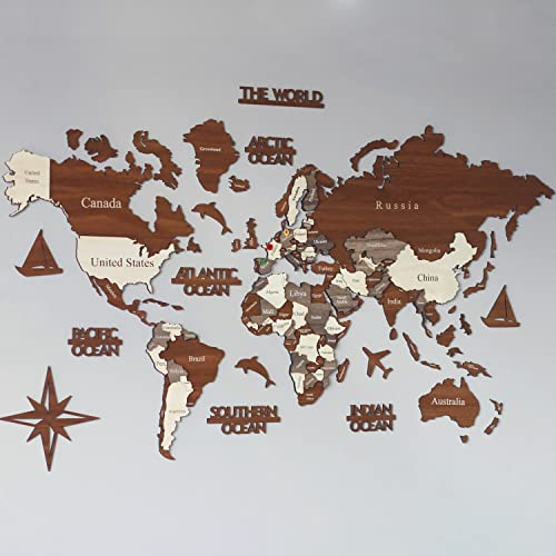 iwa concept 3D-Weltkarte aus Holz, Wandkarte, Einweihungsgeschenk, Wandkunst-Dekor, Reisekarte, Geburtstagsgeschenk (M Standard – 99,1 x 61 cm)