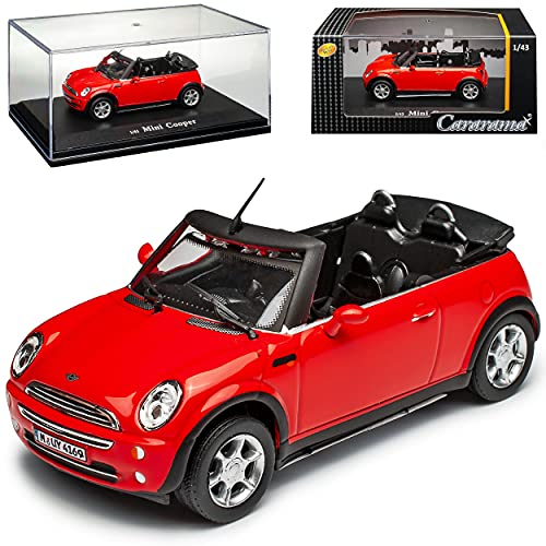 Cararama Mini Cooper Cabrio Rot R52 2004-2008 mit Sockel und Vitrine 1/43 Modell Auto mit individiuellem Wunschkennzeichen