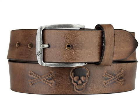 Zakatte Woodbag Collection • Unisex Gürtel aus Büffelleder TOTENKOPF-Geprägt bis 130 cm (Braun, 100 cm)