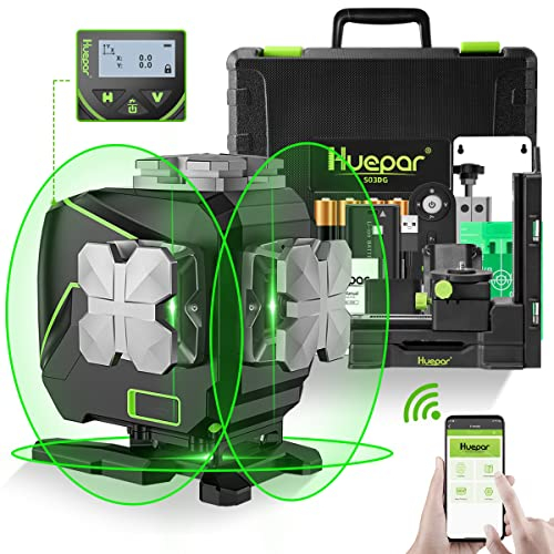 Huepar S03DG 3x360 ° Livella Laser Autolivellante con Schermo LCD, 3D Bluetooth Connesso Green Raggio Cross Line Strumento Per Pavimenti in Piastrelle -Linea Laser Orizzontale/Verticale a 360 °
