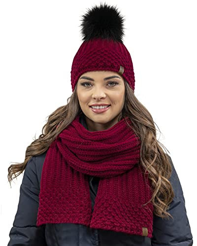 VIVISENCE Trendiger Damen Winter Set Aus Bommelmütze Mit Schal Aus Wärmendem Garn Mit Vlies-Innenfutter Antistatische Perfekte Passform Für Kalte Wintertage Modisches Design, Weinrot,Einheitsgröße
