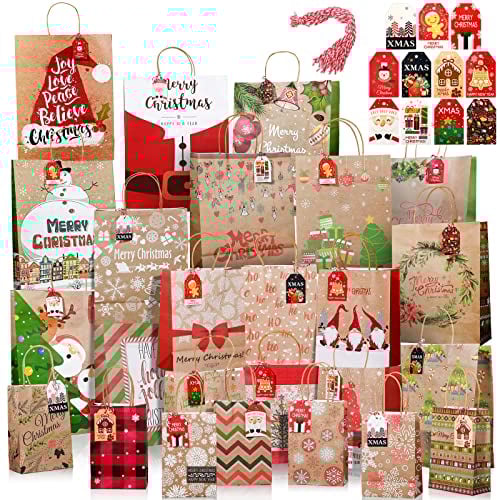 Weihnachten Geschenktüten Set mit Geschenkanhänger und Schnur Kraft Weihnachtstaschen Lustige Weihnachtspapier Geschenktüten für Weihnachts Geschenkverpackung Geburtstagsfeier, 6 XL, 6 L, 6 M, 7 S