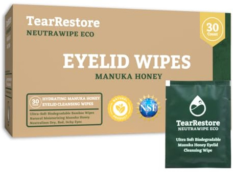 TearRestore NeutraWipe Manuka Honey Eyelid Wipes for Blepharitis & Dry Eye | Eco friendly biodegradable lash cleanser with 100% natural honey to soothe itchy, swollen, and irritated eyelids.