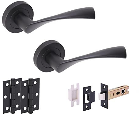 Hunta HANDLEZONE® Zena Internal Door Handle Latch Pack, Complete with Lever On Rose Handles, Latch, Ball Bearing Hinges - Black Matt