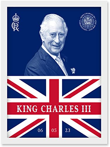 Artery8 King Charles III Coronation Date Crest Emblem Union Jack and Sovereign Artwork Framed Wall Art Print A4