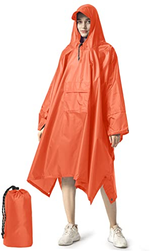 NUUR Regenponcho Damen Unisex Regencape Regenmantel Regenjacke Wasserdicht Wandern Hiking Cycling Outdoor 3in1 Mehrzweck Wiederverwendbar Rain Poncho mit Kapuze Orange