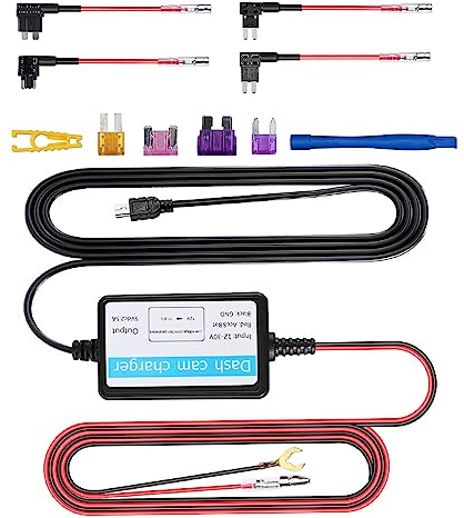 Podazz Dash Cam Hardwire Kit, Mini USB and Micro USB Port Extended 10.5ft Cable with LP Mini/Mini/ATO/Micro2 Fuse, 12-24V Input, 5V Output for Dash Cam GPS Sat-Nav with Battery Drain Protection