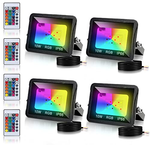 Vigevee 4er RGB Strahler 10W, RGB LED Fluter 16 Farben 4 Modi mit Memory Funktion, Bunt Farbwechsel LED Strahler Außen mit Fernbedienung, IP66 Wasserdicht für Gärten, Innenhöfe (kein Stecker)