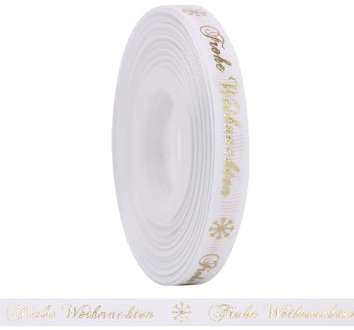 BYZANDQI 22m Schleifenband 10mm Satinband, Geschenkband Weihnachten Weiß Dekoband Weihnachtsband Stoffband mit Frohe Weihnachten