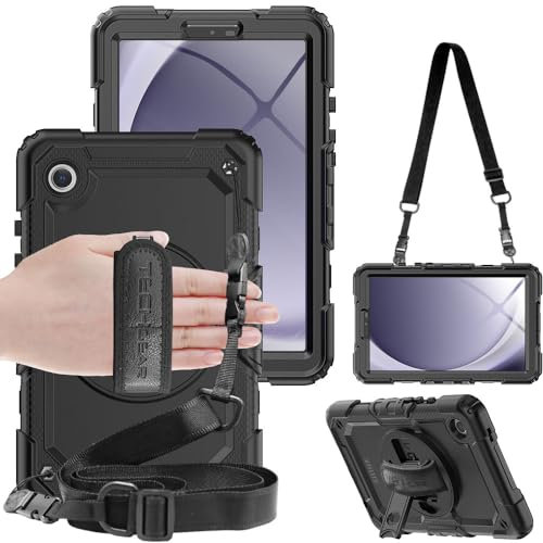 TECHGEAR UTILITY Case fits Samsung Galaxy Tab A9 8.7 (SM-X110 / SM-X115) Tough Rugged HEAVY DUTY Armour Shockproof Impact Case with 360 Rotating Stand, Hand Strap and Shoulder Strap - Black