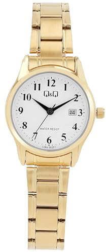 Q&Q Damen-Uhr Edelstahl Gliederarmband Datum 3 Bar Analog Quarz (goldfarbig)