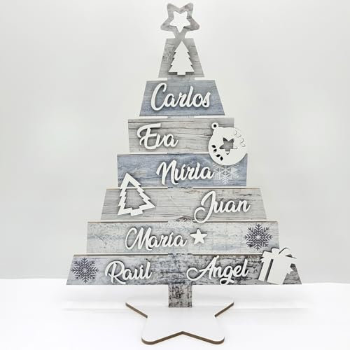 Árbol de Navidad en madera de 45cm de altura personalizado con nombres, decoración de Navidad para mesa interior, hogar decoración navidad (Fondo color)