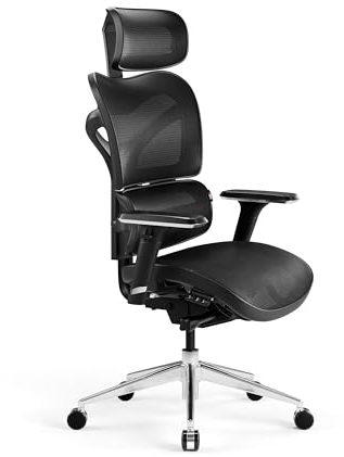 Diablo V-Commander Chaise de Bureau Ergonomique Fauteuil de Direction Accoudoirs 3D Appuie-tête et Assise Réglables Soutien Lombaire Tissu Résille (Noir-Gris)