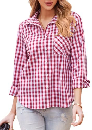 Zeagoo 2024 Chemisier Carreaux Femme V pour Femmes Chemise Tunique Décontractée Vintage Coton Baggy Tops Casual Manche Longue pour Le Travail