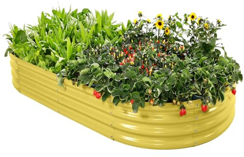 Land Guard Galvanized Raised Garden Bed Kit, Oval, 4x2x1ft, Mustard, Metal, Raised Garden Beds for Outdoor Planting