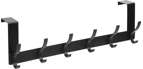 Over Door Hangers, Over Door Hooks, Over The Door Hanger, Over Door Coat Hooks, Heavy Duty Over Door Coat Hanger Rack with 6 Hooks, Black Door Hangers for Bedrooms Bathroom Coats Clothes Bags Towels