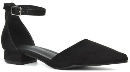 Women's Low Heel Point Toe Ankle Strap Court Shoes Ladies Black Faux Suede Wedding Dress Flat Pumps Size 3