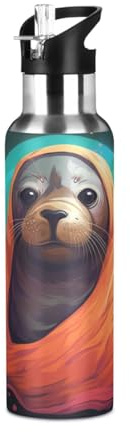 Niigeu Colorful Cute Seal Animal Sport Water Bottle with Straw Stainless Steel Double Walled Insulated Vacuum Cup 600ML Tea