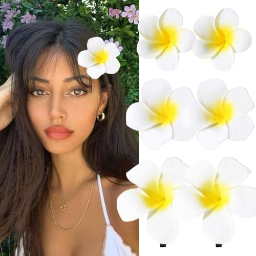 Hawaii-Blumen-Haarspangen für Frauen,6 Stück Plumeria Haar Clip Plumeria-Hibiskus-Haarspange Hawaiianische künstliche Blumen-Clips für Urlaub, Strandparty, Pool, Kreuzfahrt, Fotoshooting