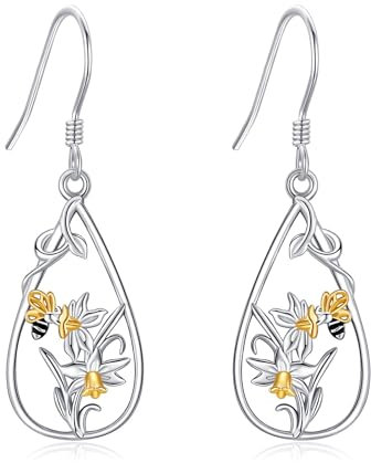 DAYLINLOVE Narzissen Ohrringe 925er Sterlingsilber Biene Narzisse Hängend Ohrringe Narzissenblumen Schmuck Geschenk für Damen Mädchen Frauen Mutter Narzissenliebhaber