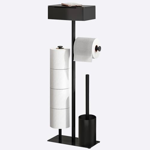 GUIGUZI Portarrollos de Papel Higiénico de Pie, Negro Acero Inoxidable, Soporte para Papel Higiénico y Escobilla, sin Necesidad de Taladrar