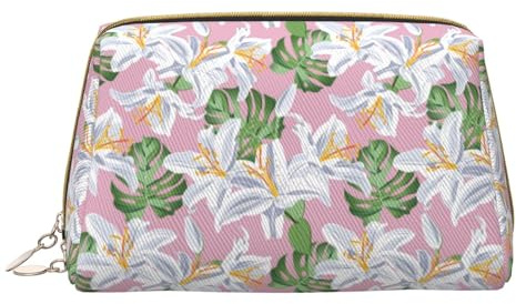 Novastar Beauty case da viaggio grande, in pelle di PVC, con motivo a fiori di gigli, verde, rosa, da donna, con cerniera, portatile, per la cura della pelle
