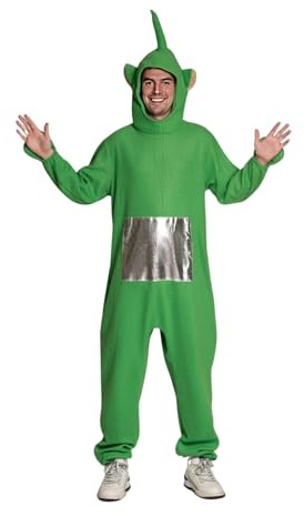 Partychimp TV-Charakter-Kostüm für Erwachsene, Plüsch-Onesie, lustiges Kostüm für Karneval & Rollenspiele, Jumpsuit-Pyjama mit Kapuze, Unisex, Rot Grün Lila oder Gelb (Grün, XL)