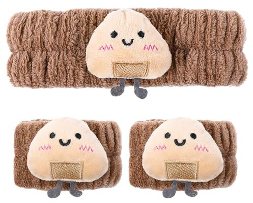 Gesicht Waschen Stirnband Waschband Set,Niedliche Cartoon SPA Haarband mit Handgelenk Waschband,Weiches Korallen Fleece Kosmetik Haarband,Elastisches Abschmink Haarband zum Waschen(Braun)