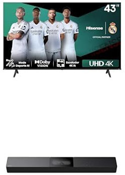 Hisense Bundle 43E6NT 108cm (43 Zoll) Fernseher, 4K UHD Smart TV, HDR, Dolby Vision, 60Hz [2024] HS2000 2.1 Kanal Soundbar, integrierter Subwoofer, 240W, Dolby Audio, Bluetooth, HDMI ARC