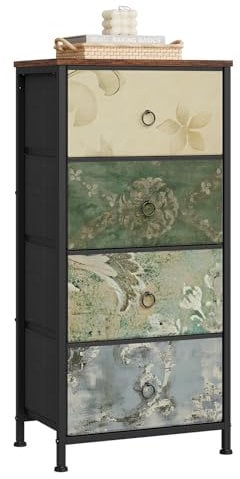 WOLTU Kommode mit 4 Schubladen aus Stoff, Sideboard Schubladenschrank, für Wohnzimmer Schlafzimmer Flur, Rustikales Braun mit Vintage-Blumenmotiv, 45x95x30 cm, SSK011pw