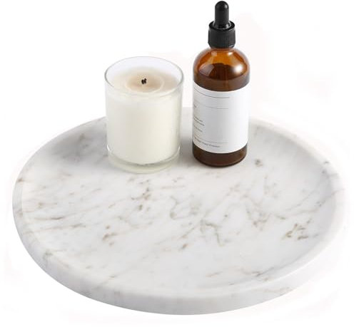 Cahzfie Plateau Décoratif Rond de Luxe en Marbre Naturel d'Grèce, Plateau de Rangement pour Toilette, Organisateur de Salle de Bain, Porte Bijoux Rangement pour Ranger Bougies (Volakas)