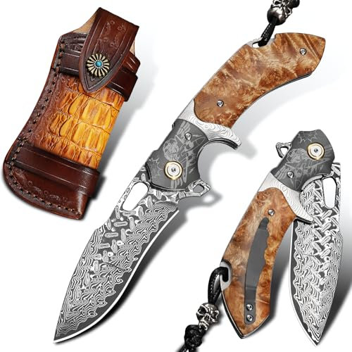 Handgefertigtes Damaszener Stahl Klapptaschenmesser, EDC Messer für Männer mit Lederscheide, Taschenclip, Fighter Muster, weißer Shadow Holzgriff für Outdoor Jagd, Angeln und Camping Utility Messer