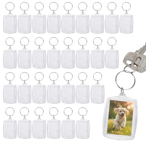 30 Pièces Porte Clef Photo en Acrylique,Photo Vierge Porte Clé Photo Personnalisé,DIY Cadres Photo Porte-Clés Personnalisables,Porte Clé Photo Transparent pour Famille,Couples,Souvenir