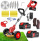 Decespugliatore a Batteria 21V Tagliabordi a Batteria, Tagliabordi Elettrico con 2 4.0Ah Batterie e 4 Tipi di Lame, Ruote Rimovibili, Decespugliatori da Giardino Altezza Regolabile per Prati, Arbusti