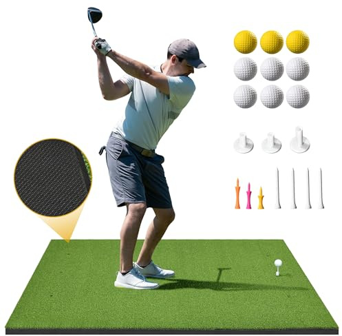 Shopsource 5×4ft Golf Hitting Mat, Anti-Slip Bottom Golf Mat for Indoor Outdoor, Artificial Turf Practice Mats with 9 PU Golf Balls+3 Rubber Tees+7 Tees, 21MM Training Mats