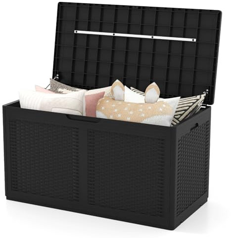 COSTWAY 380 L Gartenbox mit Rollen, Auflagenbox wasserdicht inkl. Deckel, Aufbewahrungsbox Gartentruhe mit Rattanstruktur für Poolzubehör, Gartengeräte & Balkon (Schwarz)