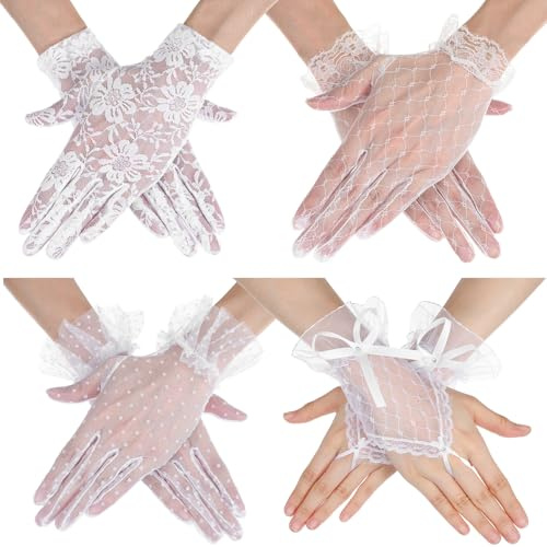 4 Paar Handschuhe Damen Elegant Spitze Handschuh Kurze Braut Teeparty Blumenhandschuhe Spitzen Spitzenhandschuhe Sommer Hochzeits Oper Dinner für Halloween Hochzeitsfeier Opernball Sonnenschutz Uv