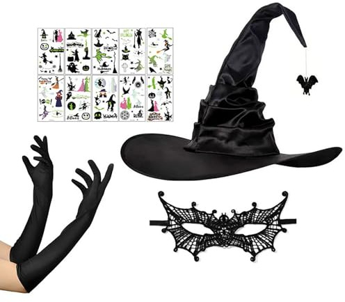Hexenhut Damen Hexenkostüm-Set mit Faltbarem Hut, für Karneval und Theater | 45cm Stretch Handschuhe und Schläger Spitzenmaske Schwarz, Temporary Tattoo, für Halloween