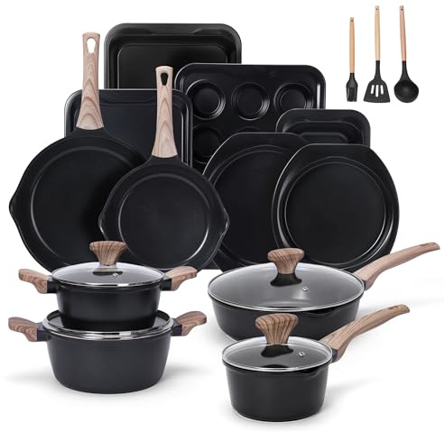 Bakeware and Cookware Set 19PCS, Induction Hob Pans and Pots Set w/Lids, Non-Stick Set with Frying Pans, Saucepans, Muffin Pan, Baking Sheet PFOA & PFOS Free