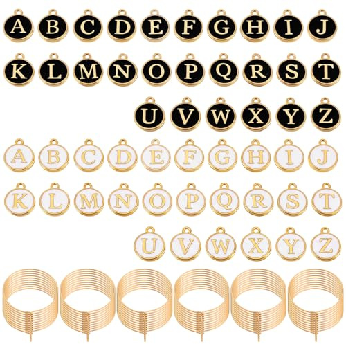 APLZGMG 60 Pcs Wine Glass Charms, 52 White & Black Letter Beads, Enamel Initial Charm Drink Markers for Stem Glasses, Wine Charm Ring Identifier for Thanksgiving Christmas Party Favors Decor