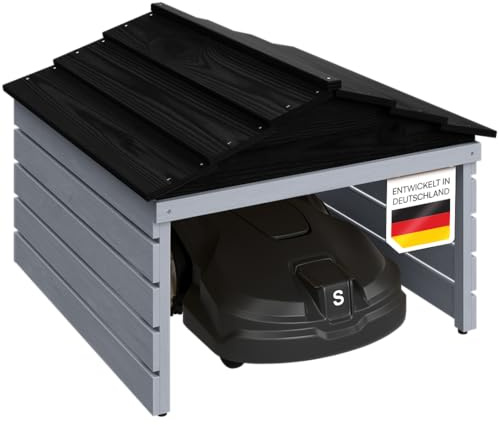 STEELSØN Nembus Mähroboter Garage Grau – Rasenroboter Garage Holz – Rasenmäher Haus mit abnehmbarem Dach – für gängige Rasenmähroboter – Rasenmäher Unterstand mit UV-Schutz – Überdachung Mähroboter