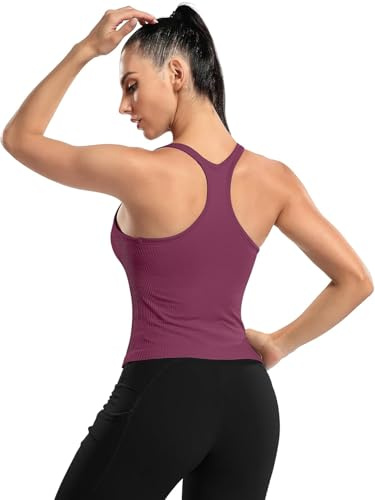 ATTRACO Ribbed Racerback Crop Tank Tops with Built-in Bra Burgundy M