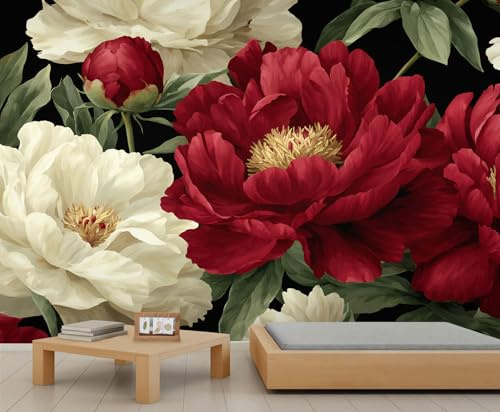 YEMYOR Peony Floral Wallpaper Red White Flower Mural Wallpaper for Living Room Bedroom Vintage Flowers Wall Mural for Kitchen Restaurant Office-150x105cm