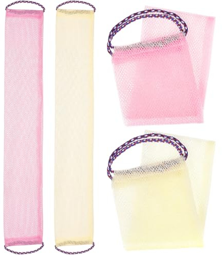 SHINYPASING Lot de 4 Serviettes Exfoliantes Dos 14x75 Cm, Nylon Résistant, 2 Rose Clair Cordon 2 Beige, Gommage Doux Bain, Nettoyage Corporel Rapide et Confortable