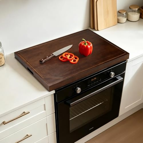 Bamboo Cutting Board Stove Cover with Handles, Walnut Color Serving Tray | 75x55.3x5cm Wooden Noodle Board. Fits Gas/Electric Stove Burners As Hob Protector. Creates Extra Counter Space Over Sink