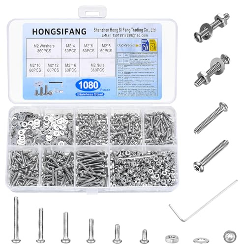 1080 Pz Set di Viti M2, Acciaio inox Bulloni e Dadi e Rondelle Kit | Viti a Testa Bombata con Esagono Incassato per Macchine, complete di chiave a brugola
